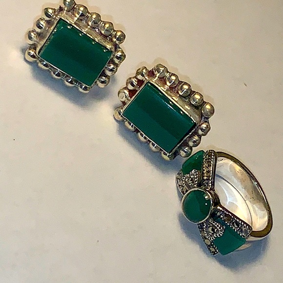 Sterling, silver vintage jade earrings & ring set - Picture 2 of 6